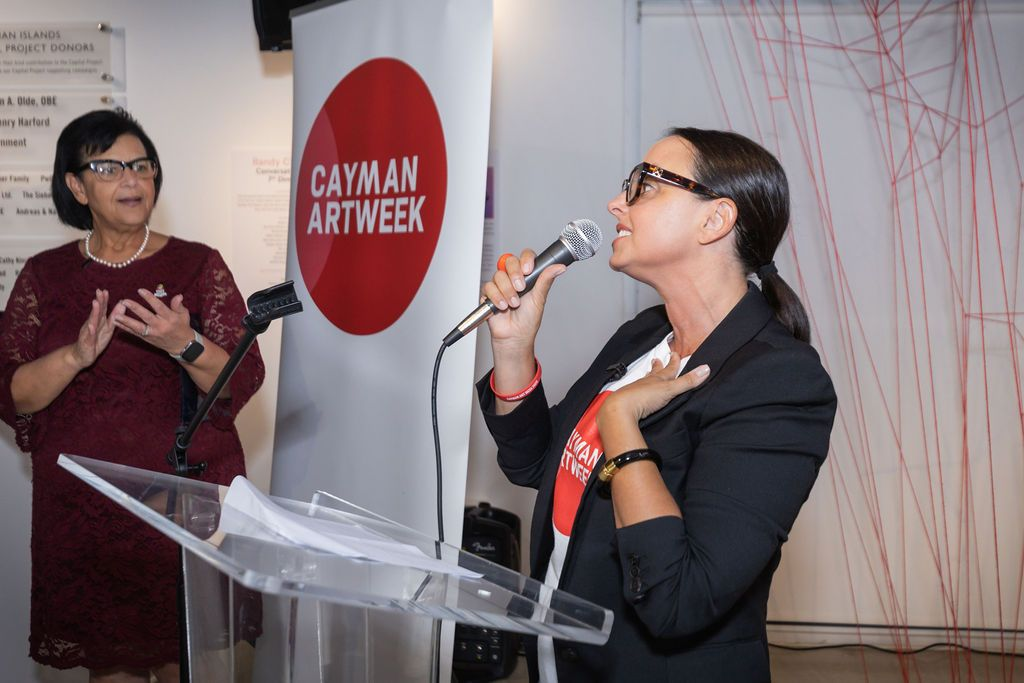 Founder Natalie Urquhart speaking at the launch event (Photo: Cayman Art Week)