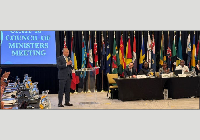 Premier André Ebanks speaks at the CFATF 18th Council of Ministers Meeting (Photo: Cayman Islands Government)